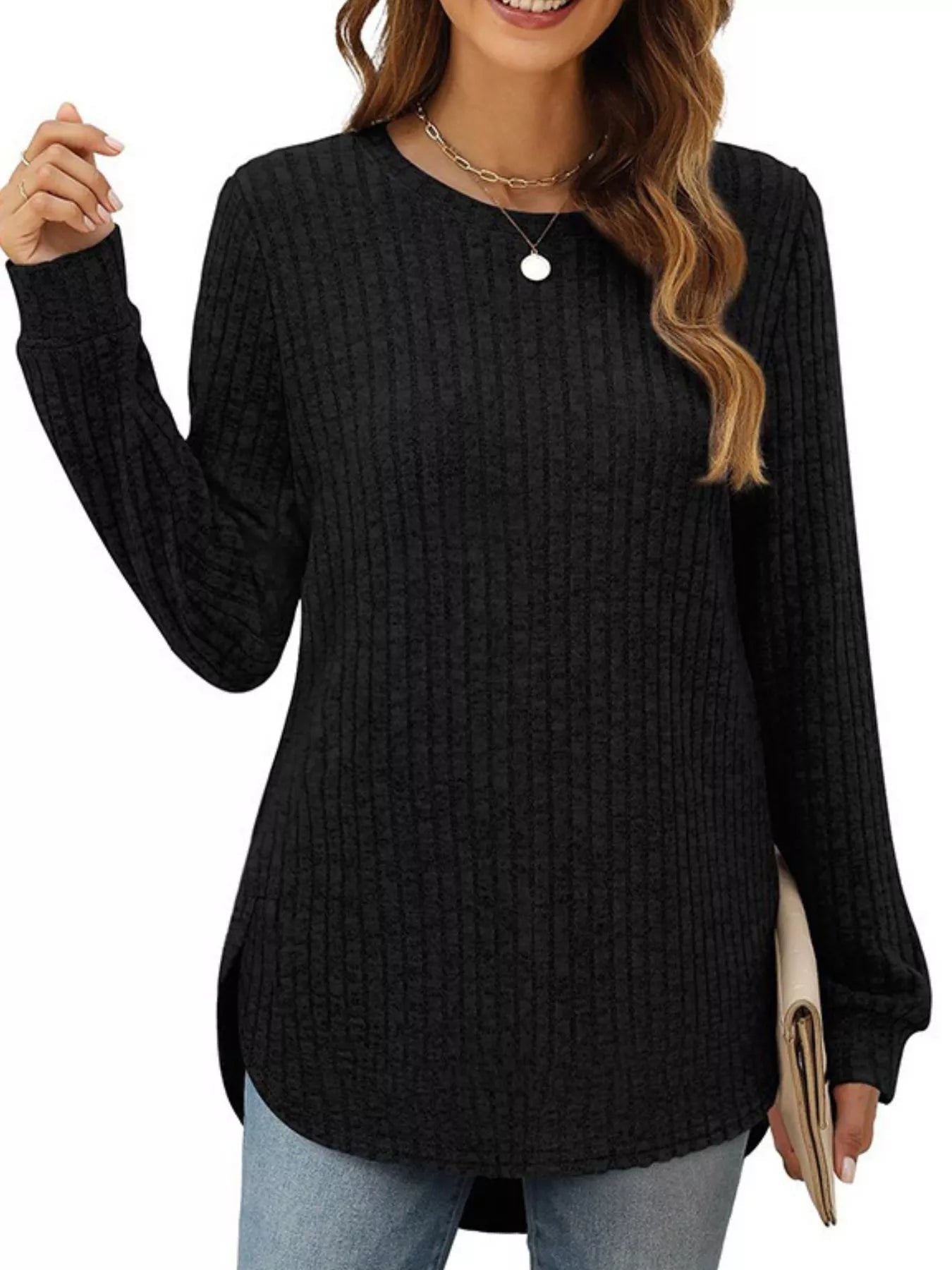 Ribbed Texture Round Neck Long Sleeve Rounded Hem Knit Top 