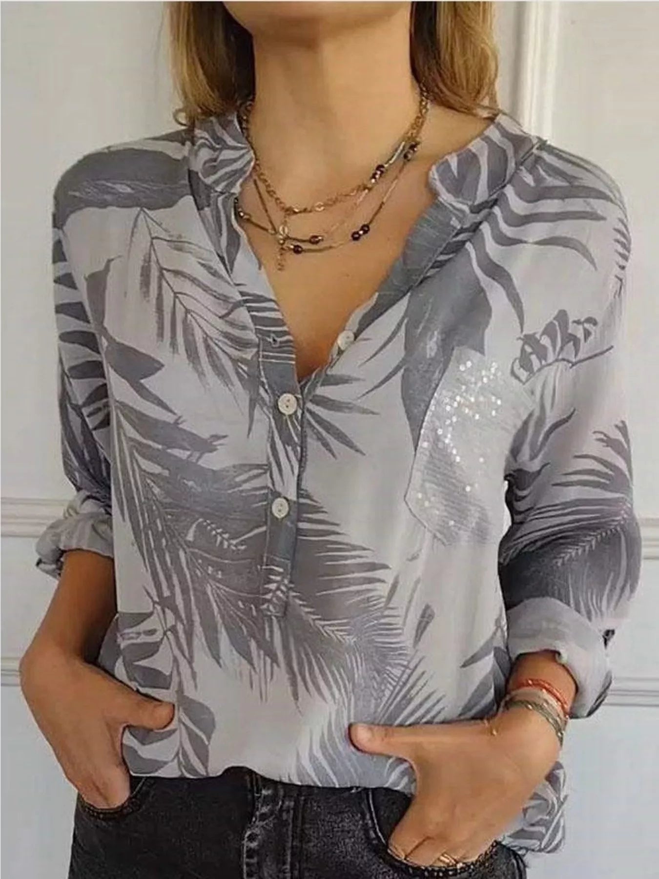 Full Size Printed Button Detail Long Sleeve Blouse Plus Size 
