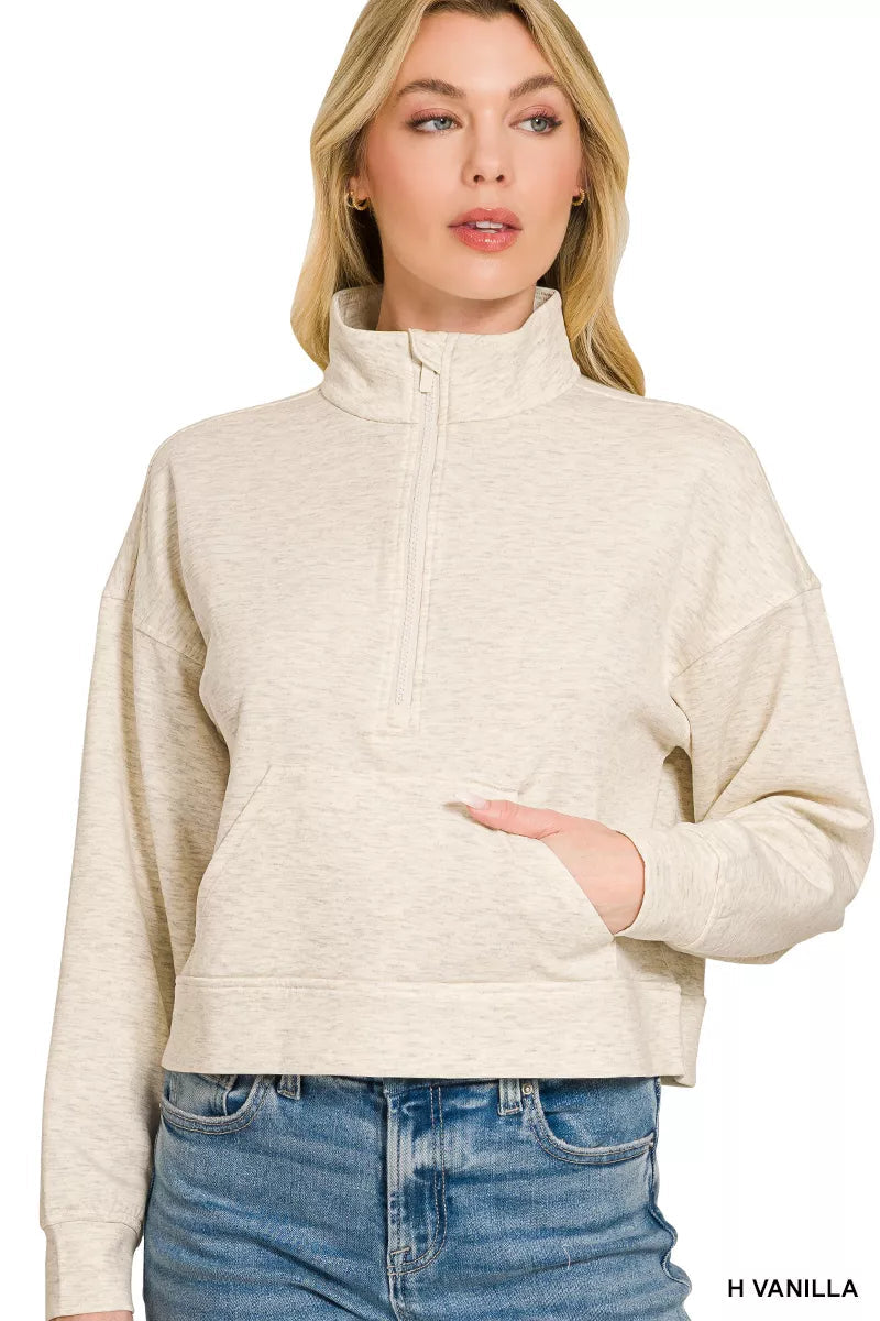 Zenana Scuba Half Zip Pullover With Kangaroo Pockets 