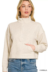 Zenana Scuba Half Zip Pullover With Kangaroo Pockets 