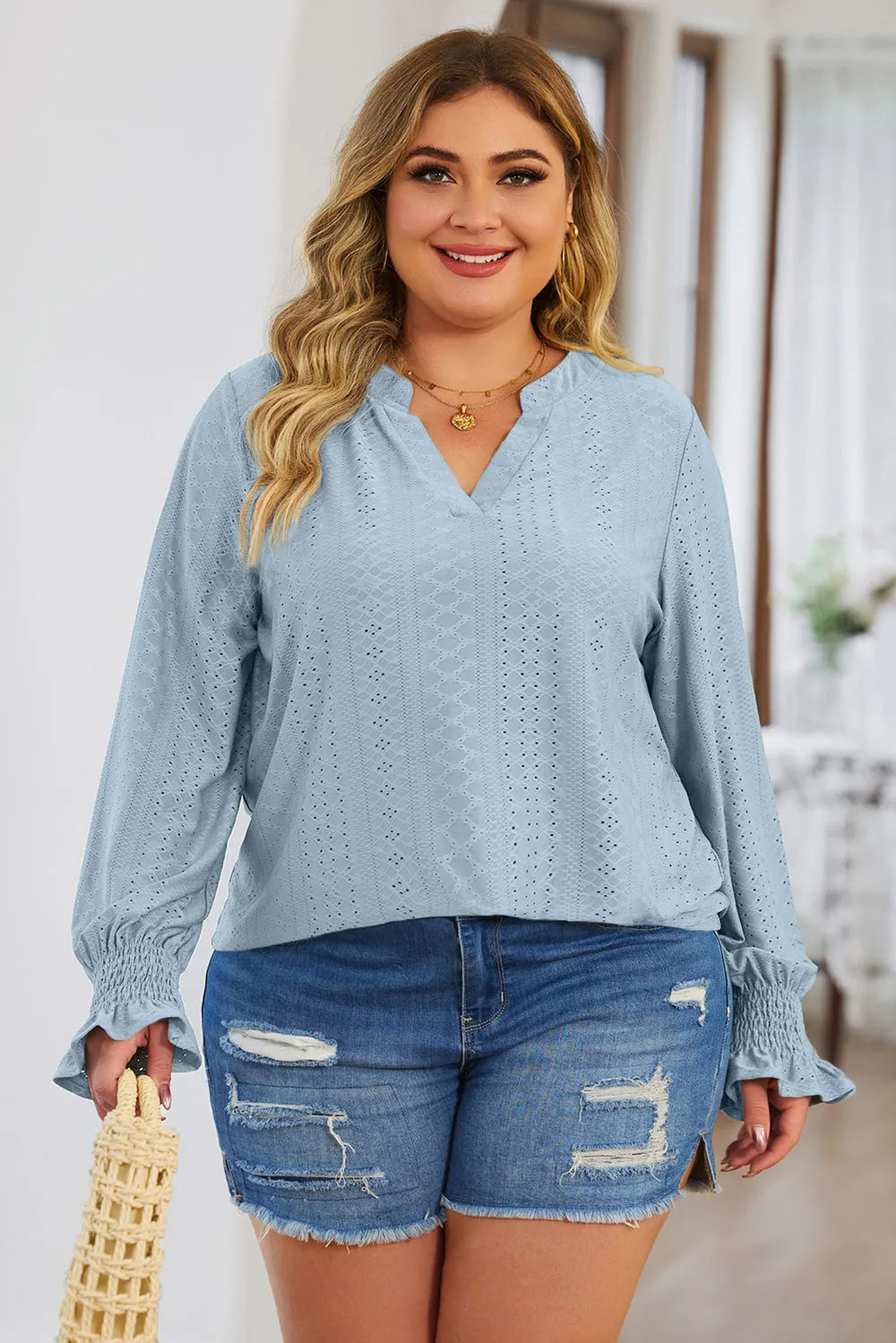 Plus Size Eyelet Notched Flounce Sleeve Blouse 