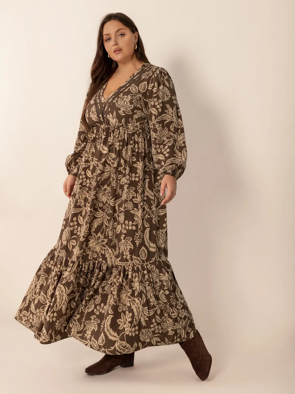 Plus Size Printed V-Neck Balloon Sleeve Maxi Dress 