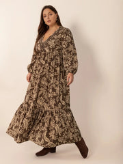 Plus Size Printed V-Neck Balloon Sleeve Maxi Dress 