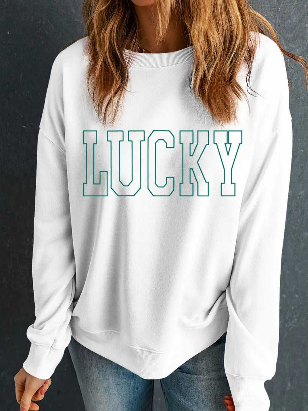 LUCKY Graphic Round Neck Long Sleeve Sweatshirt 