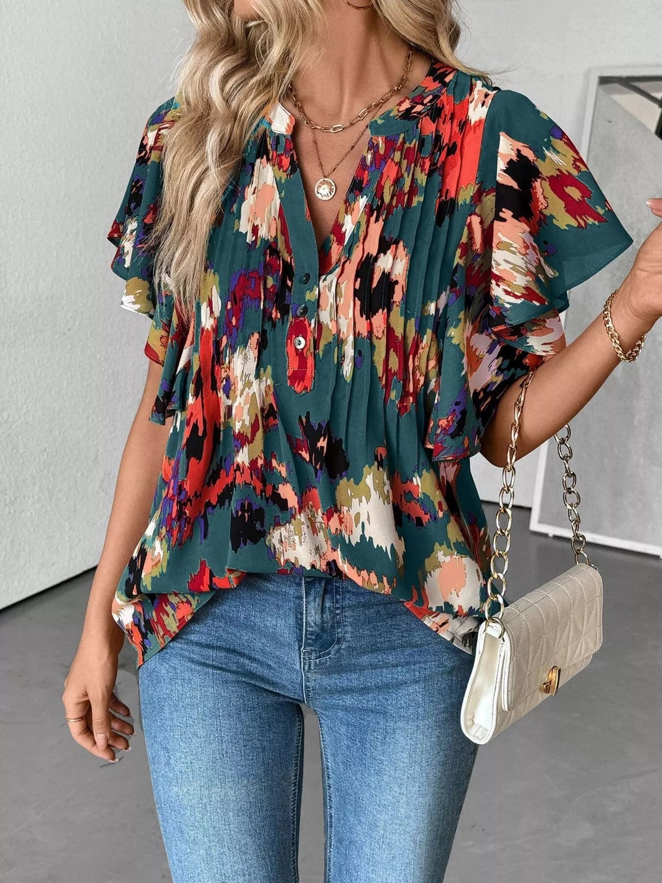 Abstract Print Ruffle Sleeve Blouse 
