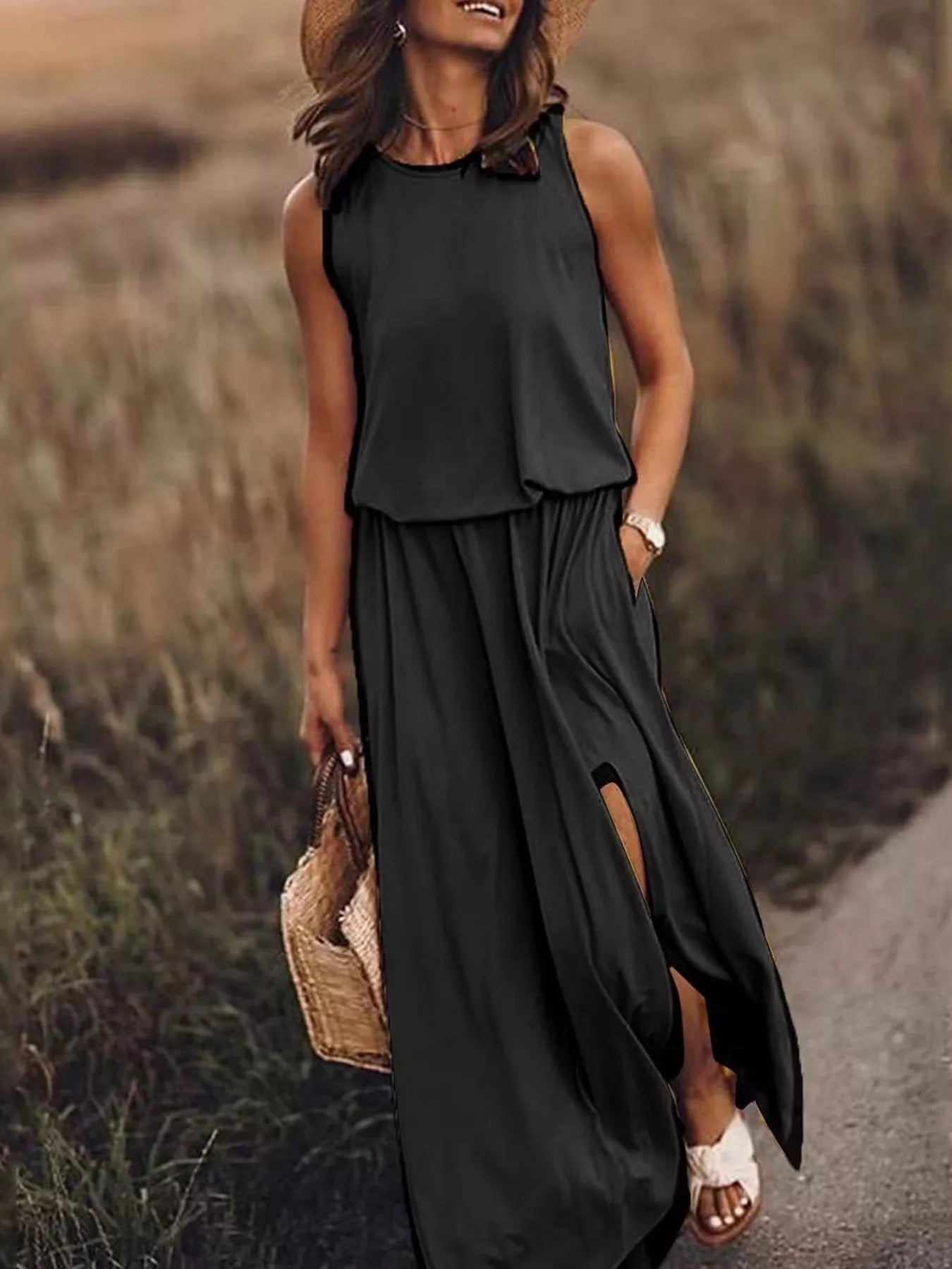 Full Size Round Neck Sleeveless Slit Maxi Dress Plus Size 