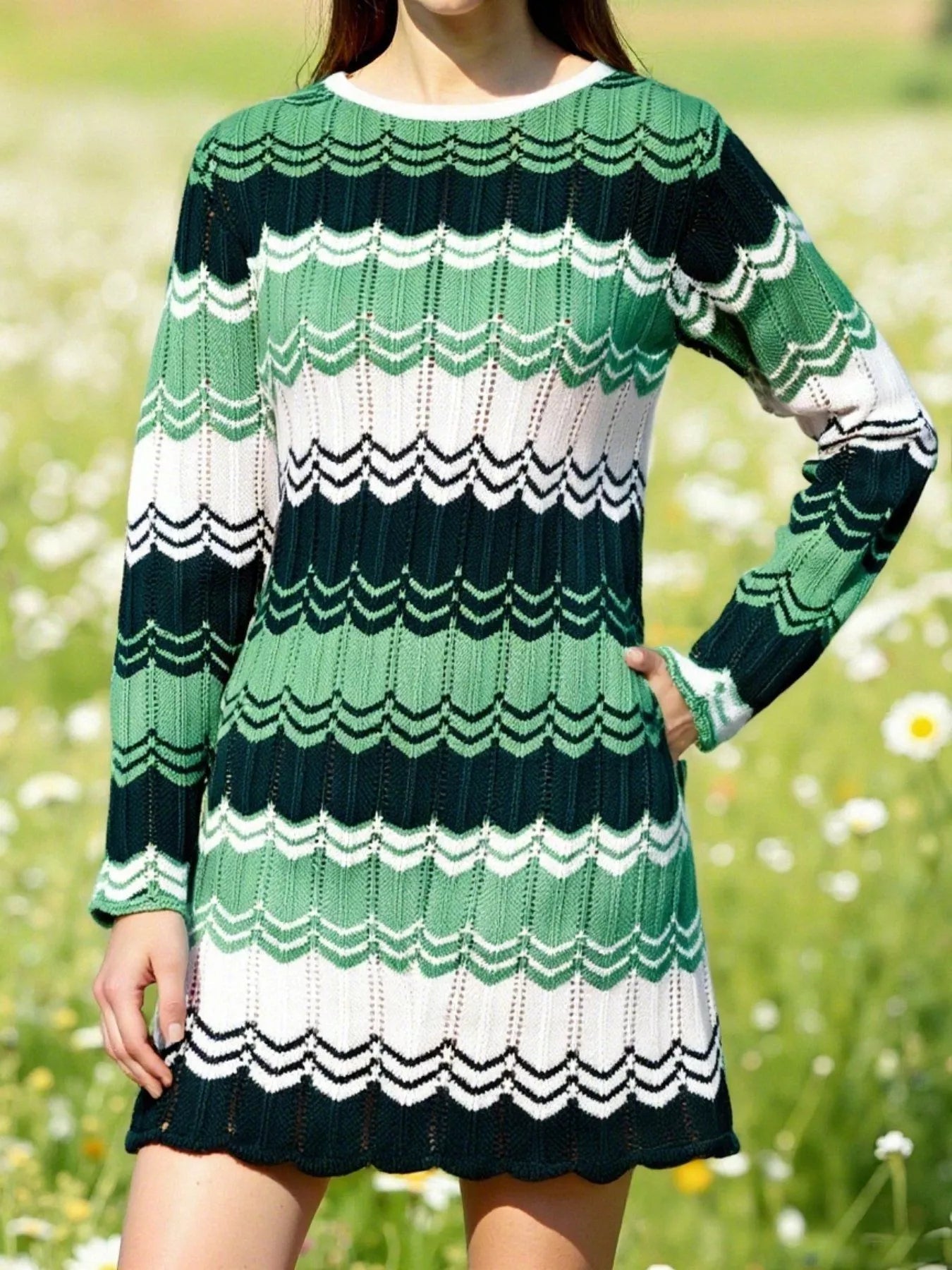 Openwork Wave Pattern Long Sleeve Sweater Dress 