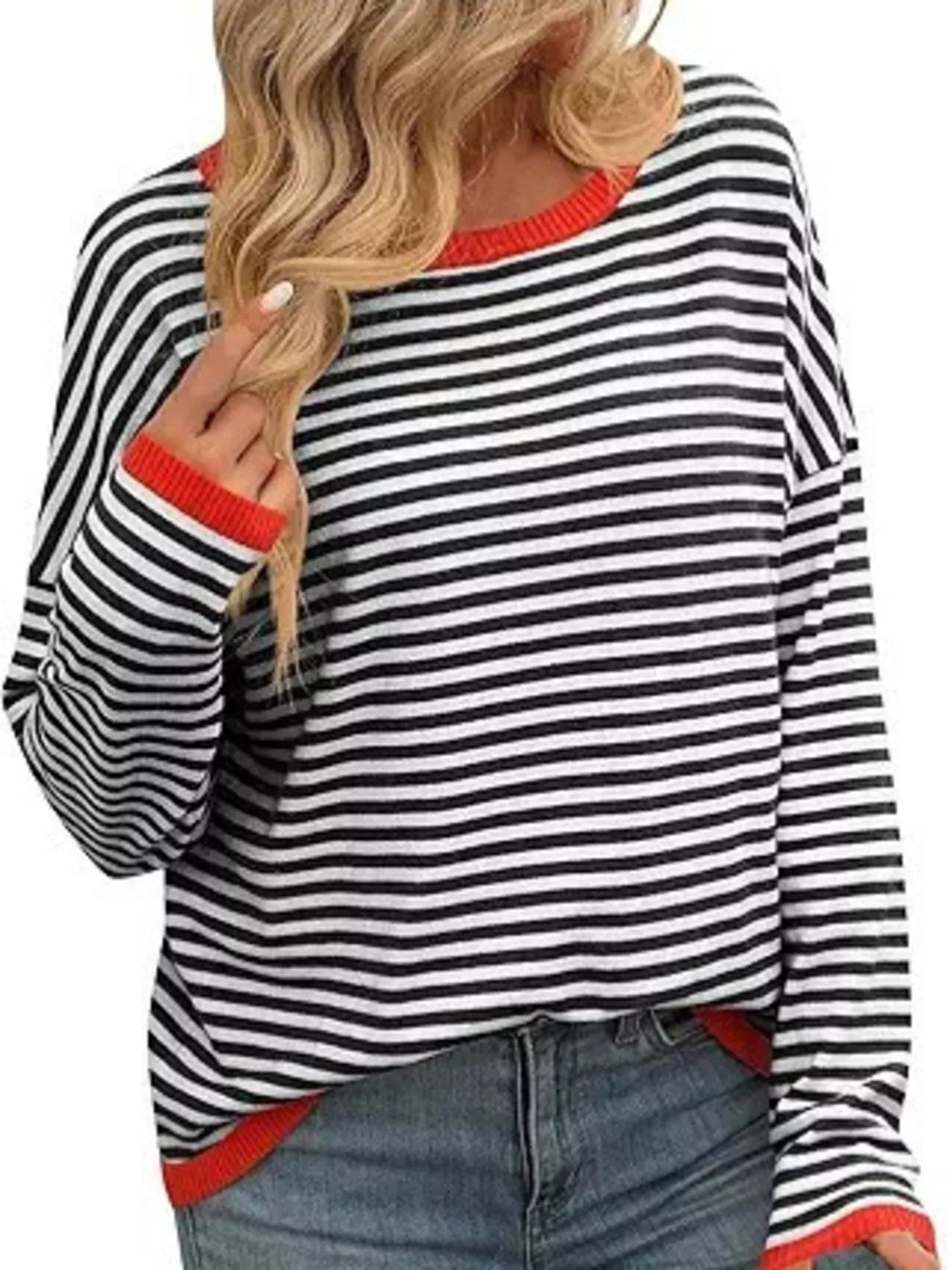 Plus Size Contrast Striped Long Sleeve Sweater 