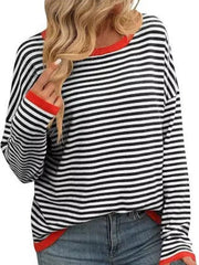 Plus Size Contrast Striped Long Sleeve Sweater 
