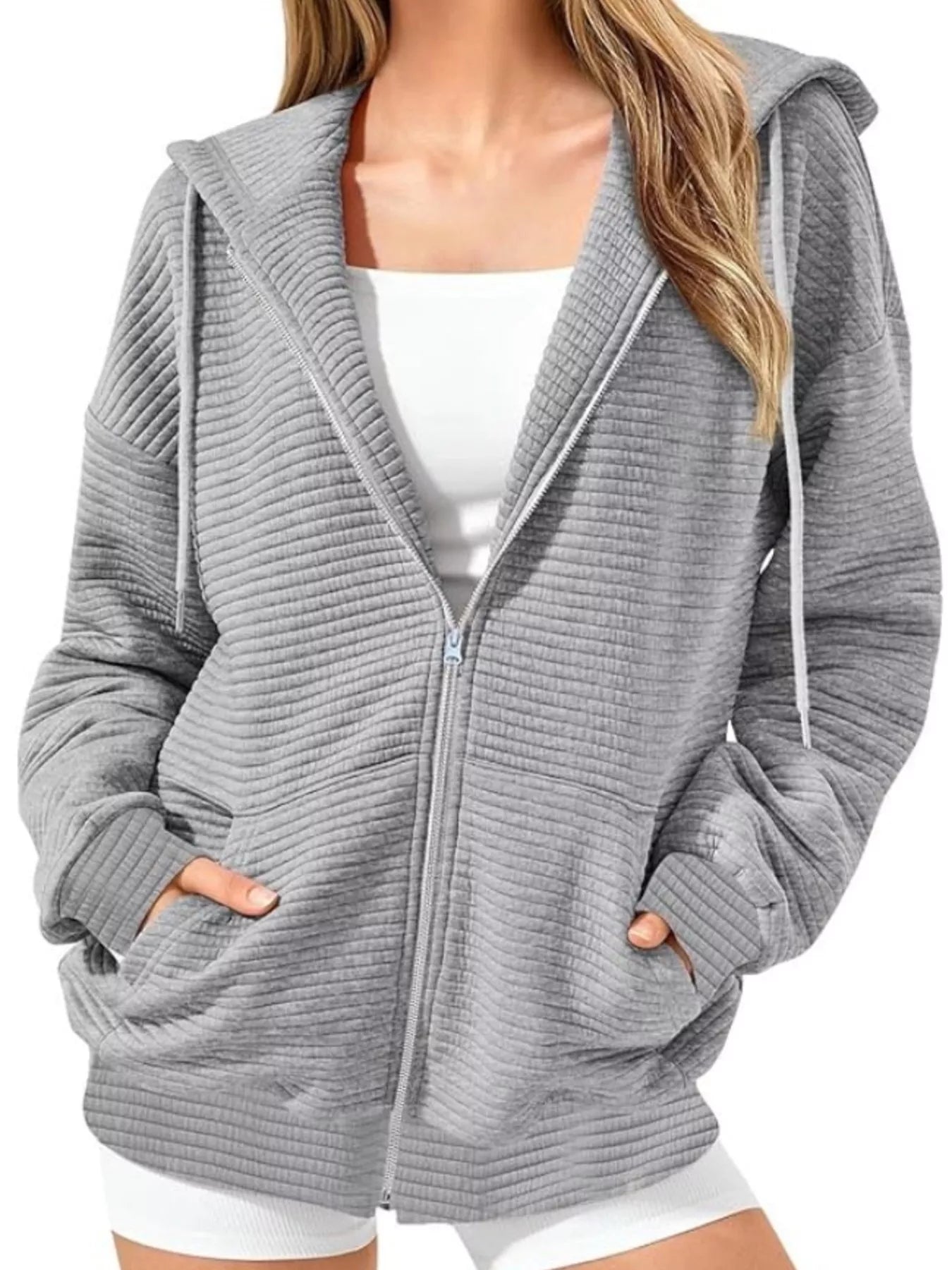 Drawstring Zip Up Dropped Shoulder Hoodie 