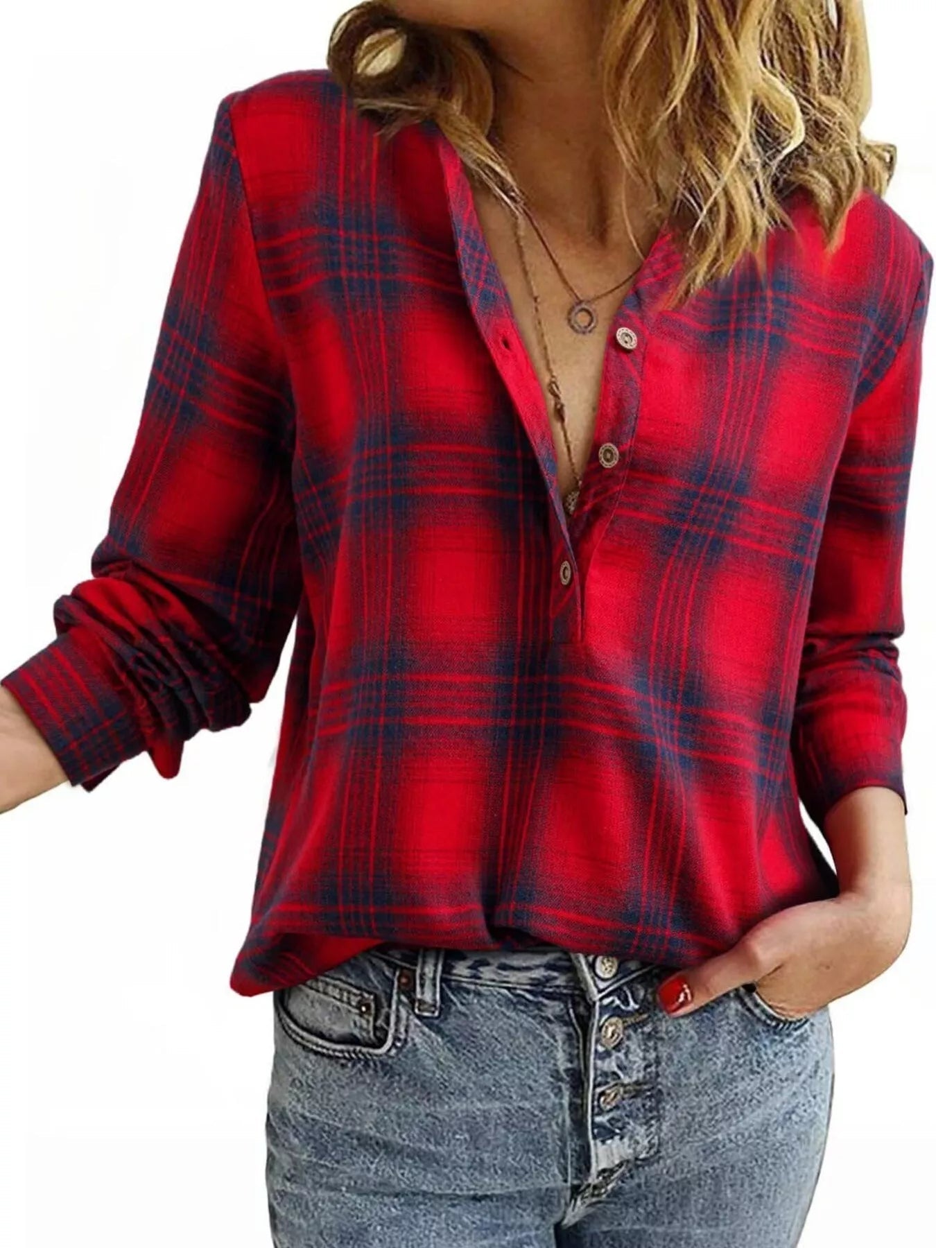 Plaid Half Button Long Sleeve Blouse 
