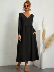 V-Neck Long Sleeve Midi Dress 