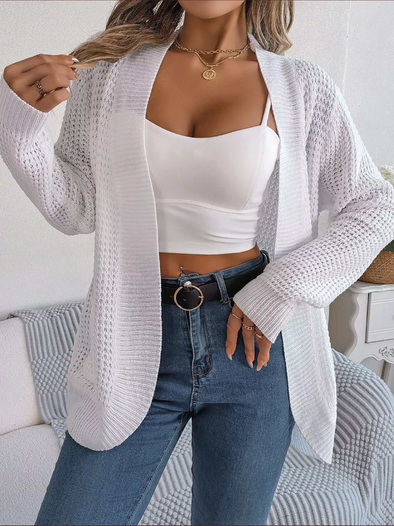 Chunky Knit Open Front Cardigan with Pockets 
