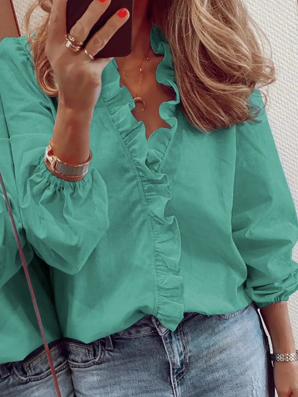 Ruffled V-Neck Long Sleeve Blouse 