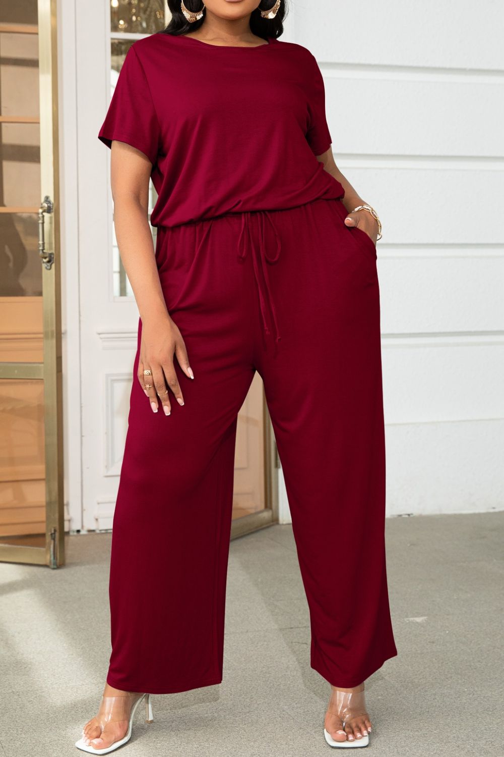 Plus Size Drawstring Waist Short Sleeve Jumpsuit 
