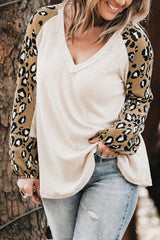 Plus Size Leopard V-Neck Raglan Sleeve Blouse 