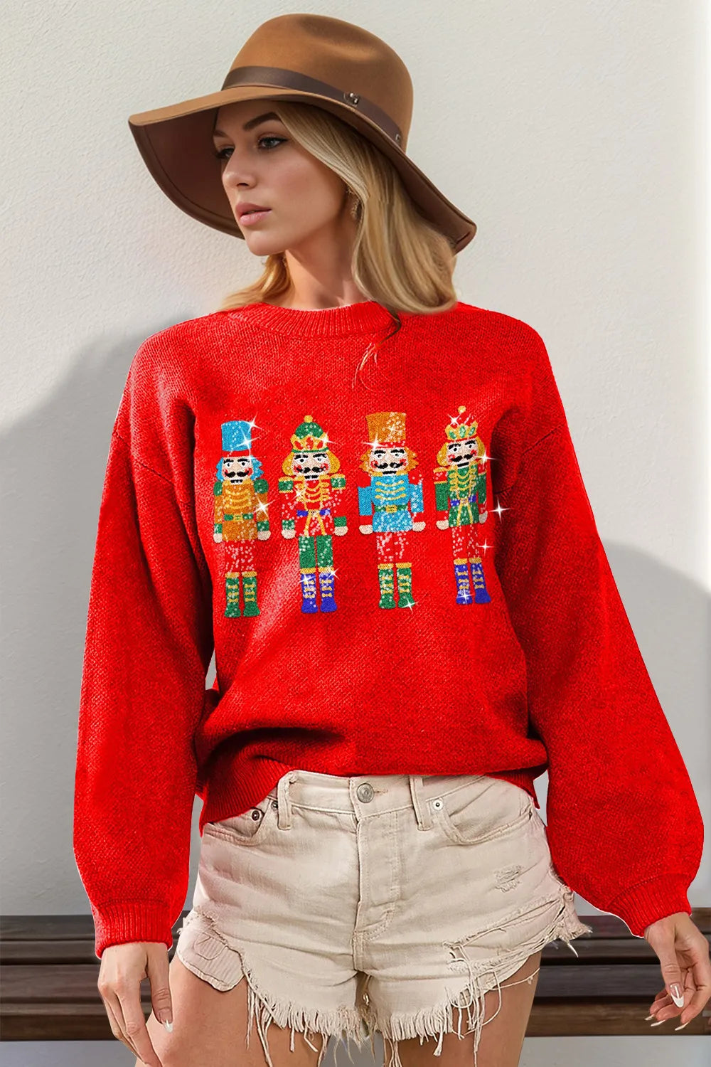 Double Take Full Size Sequin Nutcracker Long Sleeve Sweater 