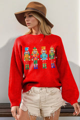 Double Take Full Size Sequin Nutcracker Long Sleeve Sweater 