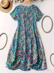 Plus Size Paisley Print V-Neck Short Sleeve Dress 