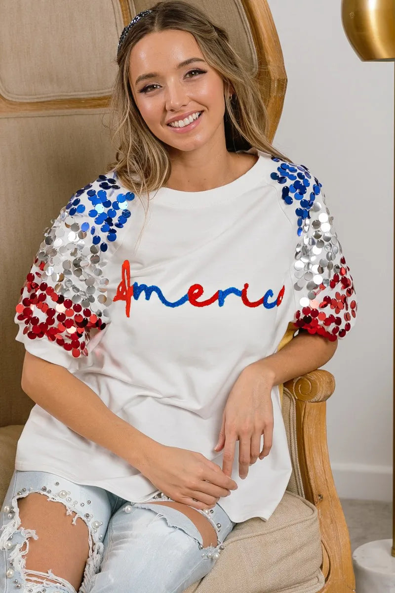 BiBi America Letter Applique Spangle Puff Sleeves Top 