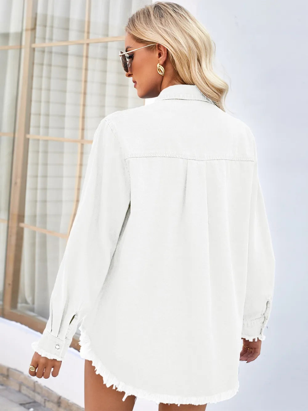 Raw Hem Button Up Long Sleeve Denim Jacket with Sequin Pockets 