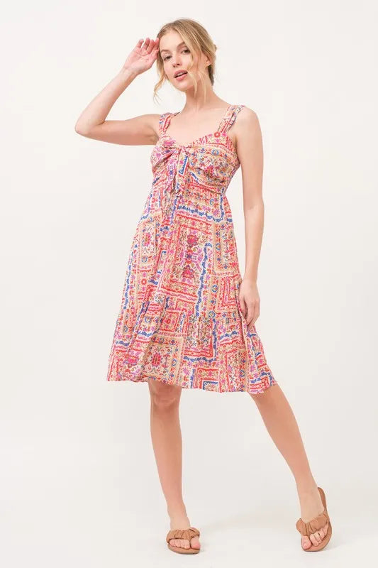And The Why Tied Front Smocked Back Tiered Boho Printed Dress 