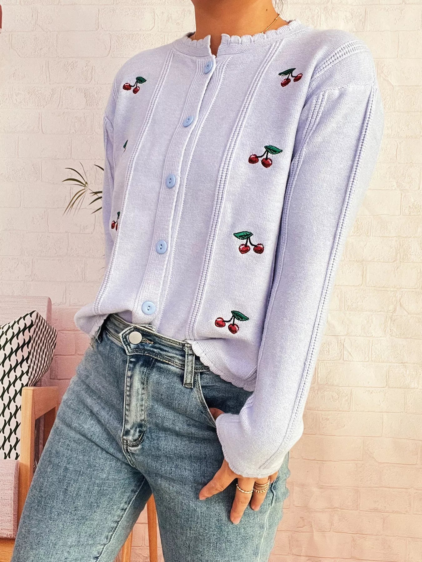 Cherry Embroidered Button Up Cardigan 