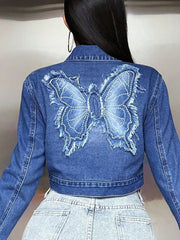 Butterfly Patch Long Sleeve Cropped Denim Top 