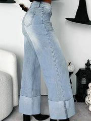 High-Waisted Wide-Leg Jeans with Cuffed Hem 