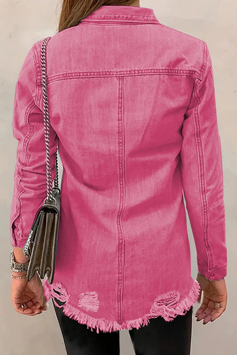 Distressed Raw Hem Snap Down Denim Jacket 