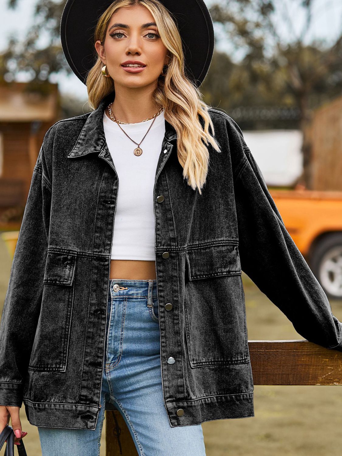 Dropped Shoulder Denim Jacket with Pockets 