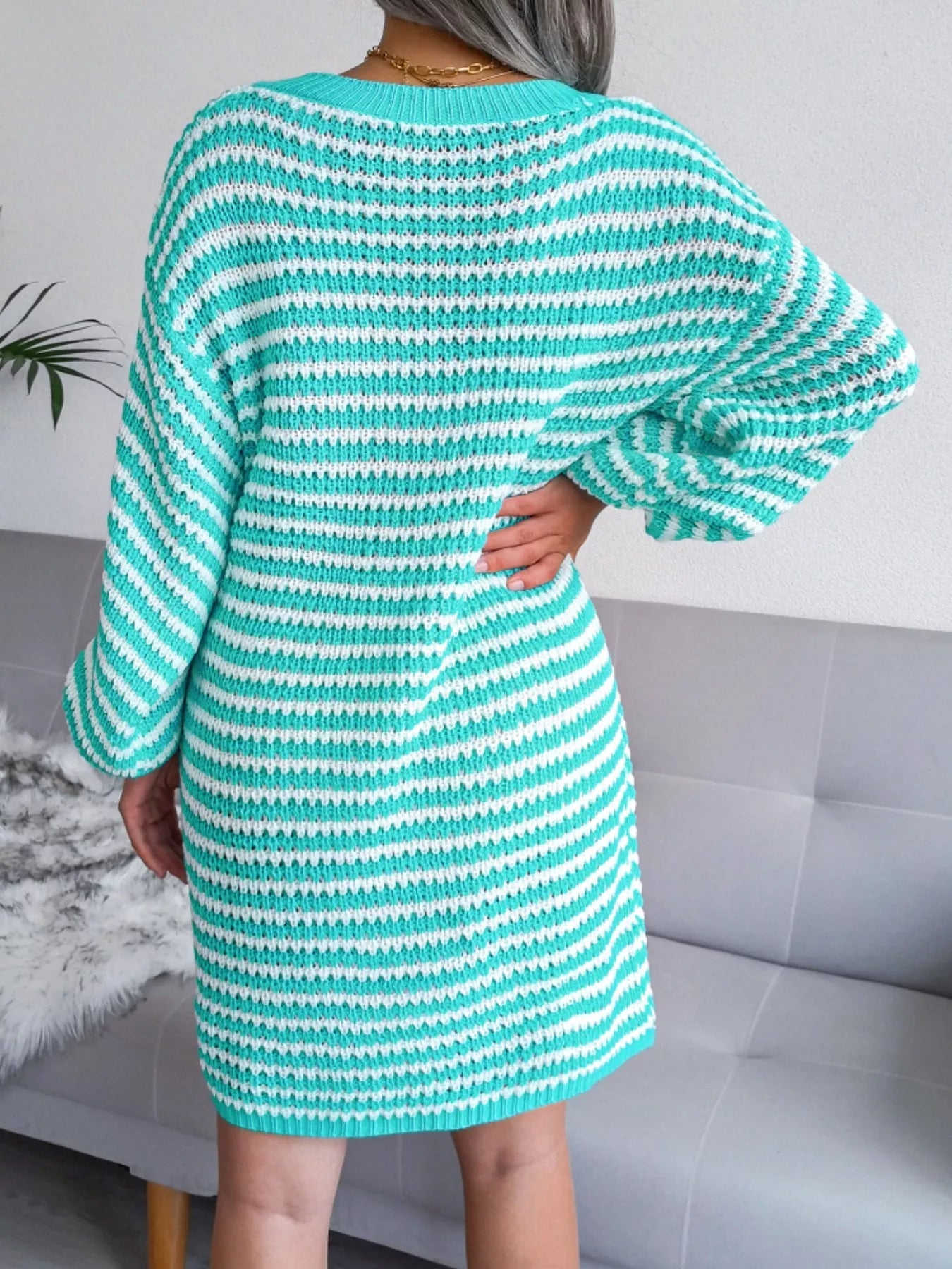 Striped V-Neck Long Sleeve Sweater Dress 