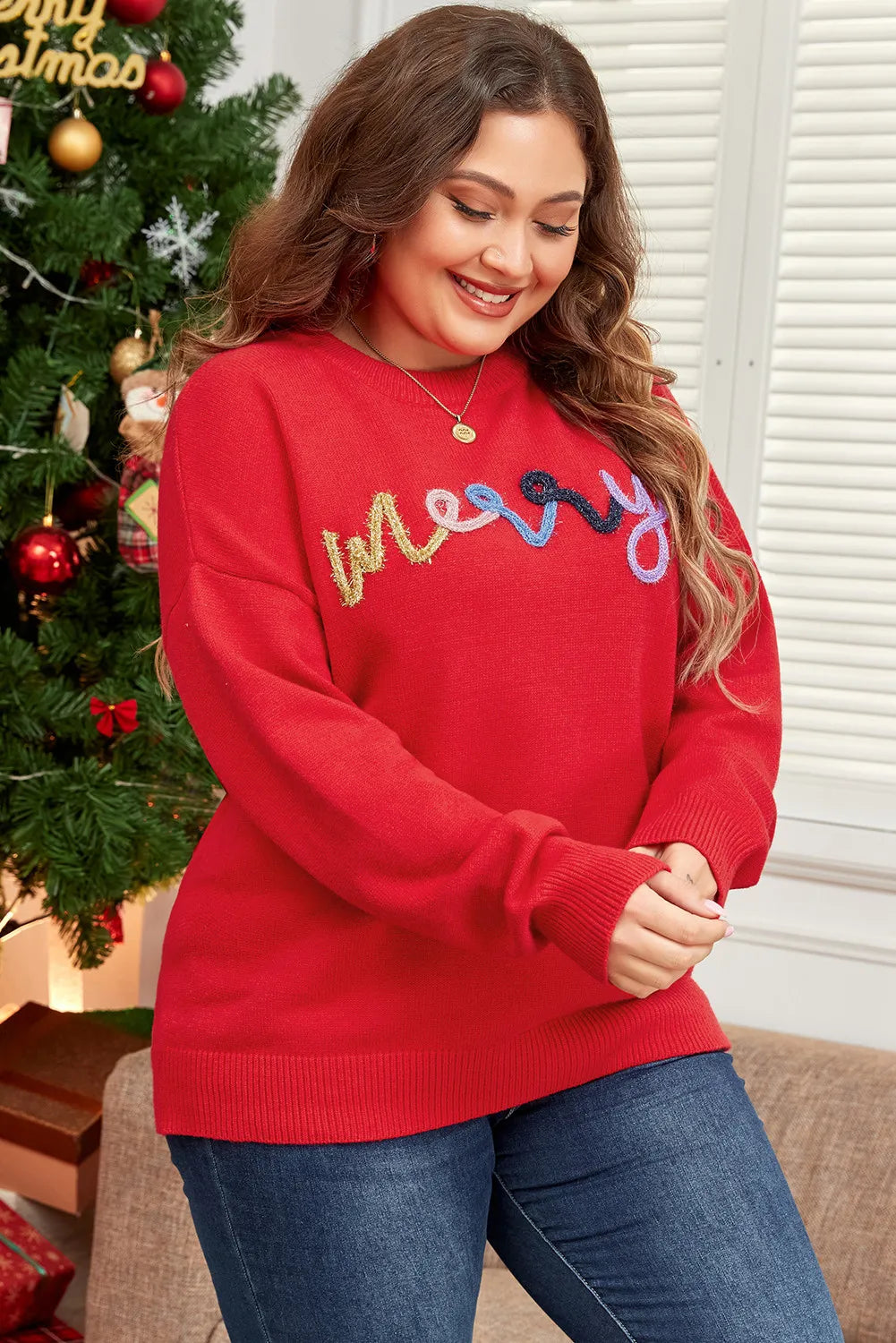 Plus Size MERRY Round Neck Long Sleeve Sweater 