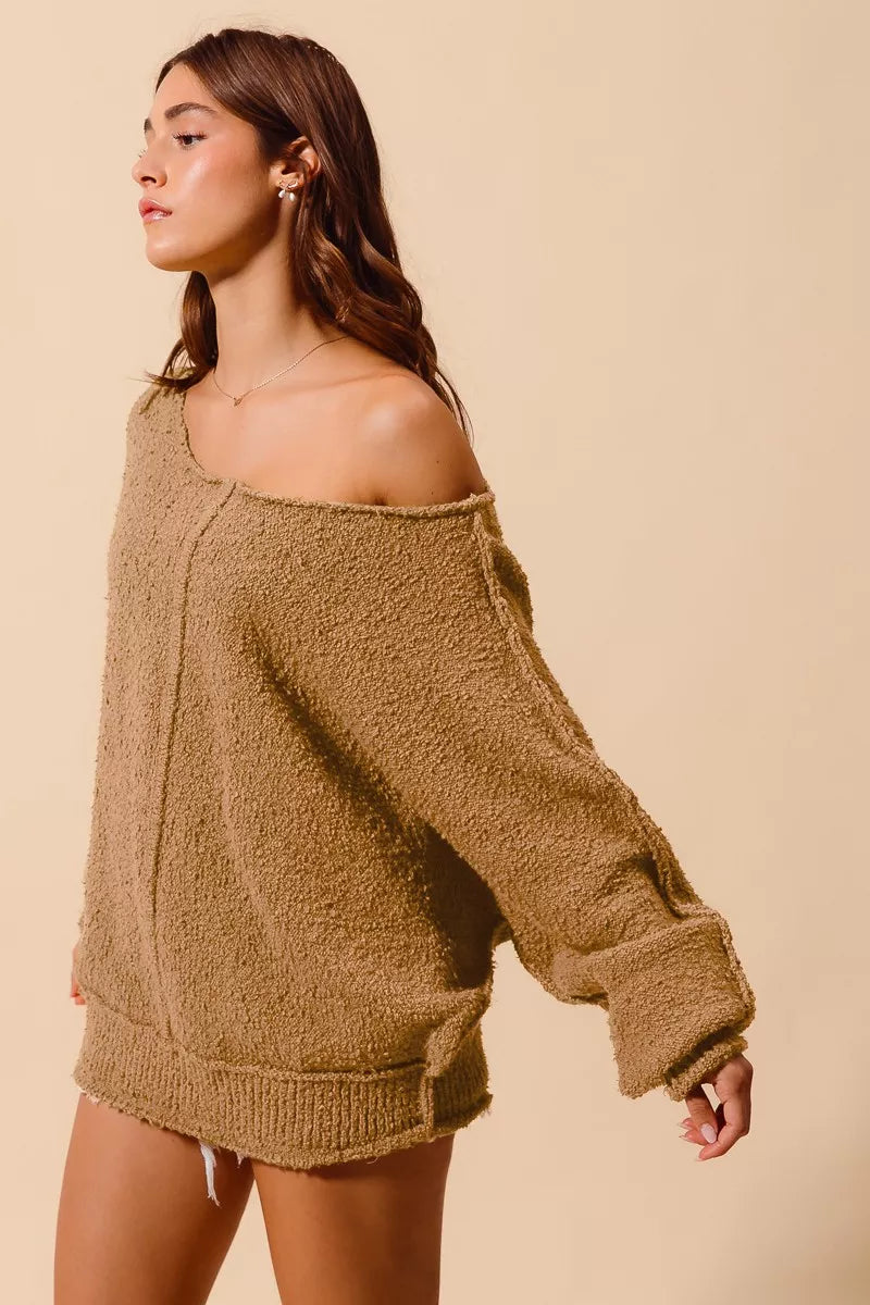 SO ME Loose Fit Exposed Seam Slouchy Boucle Sweater 