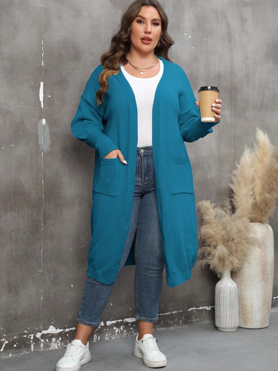Plus Size Long Sleeve Pocketed Cardigan 