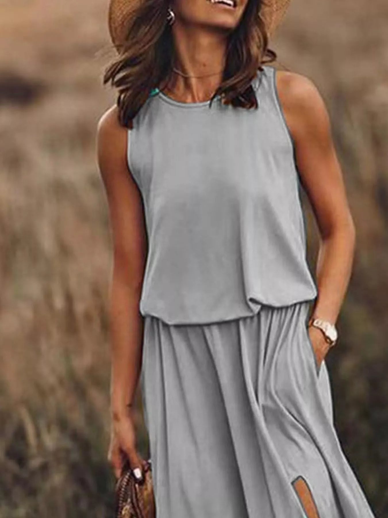 Full Size Round Neck Sleeveless Slit Maxi Dress Plus Size 