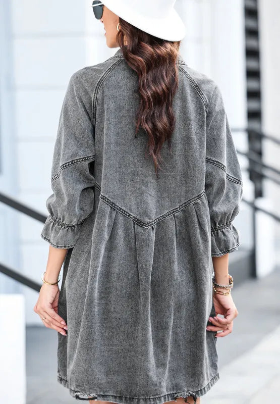 Distressed Collared Neck Flounce Sleeve Denim Dress 