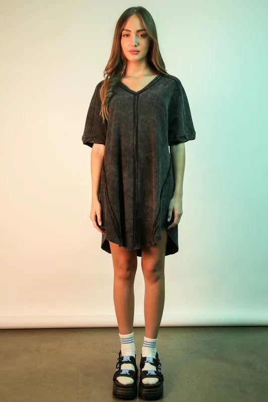 VERY J Mineral Washed Ribbed Knit Mini Dress 