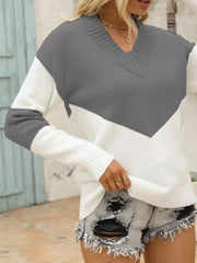 Color Block V-Neck Knit Sweater 