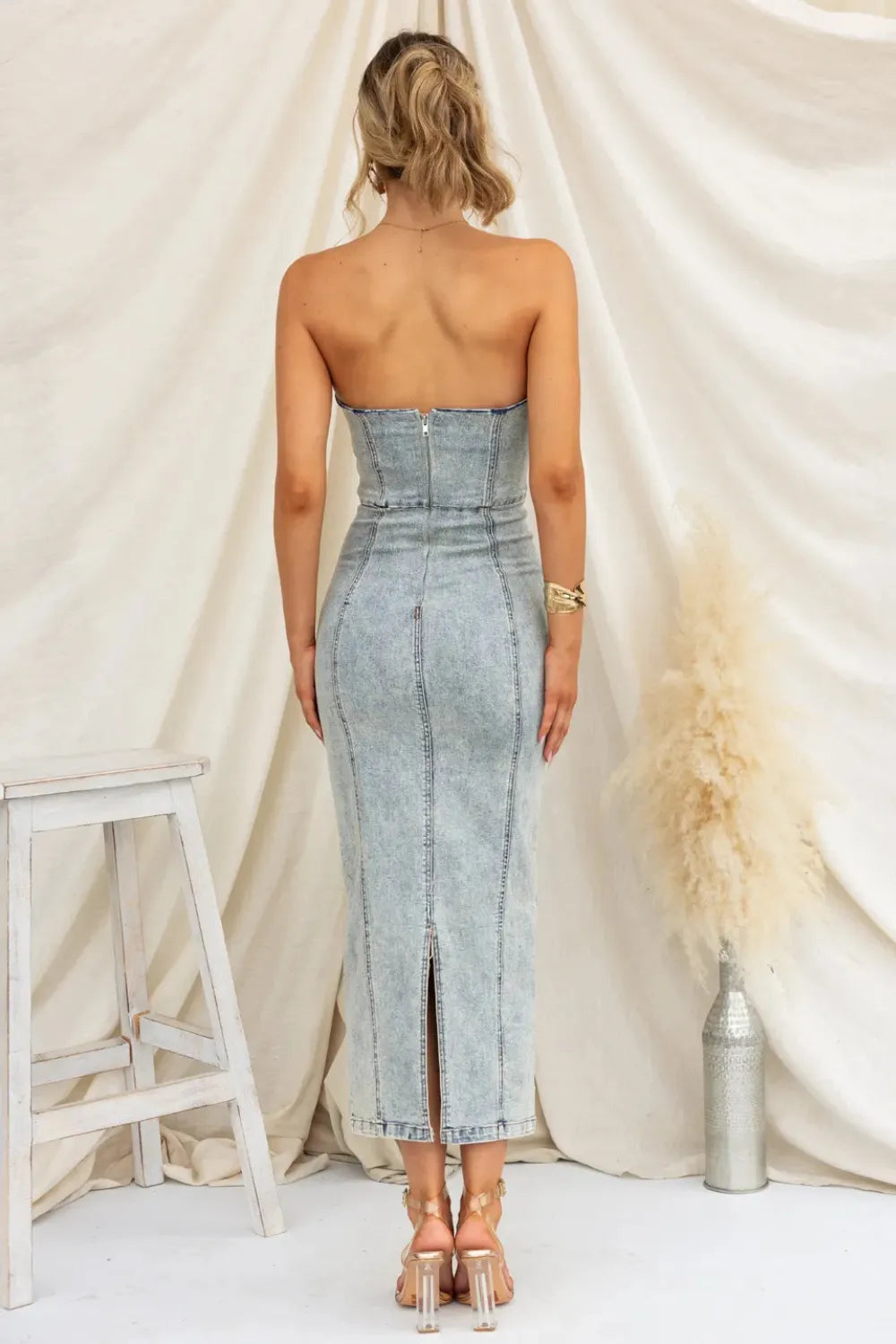 Washed Slit Back Tube Denim Dress 