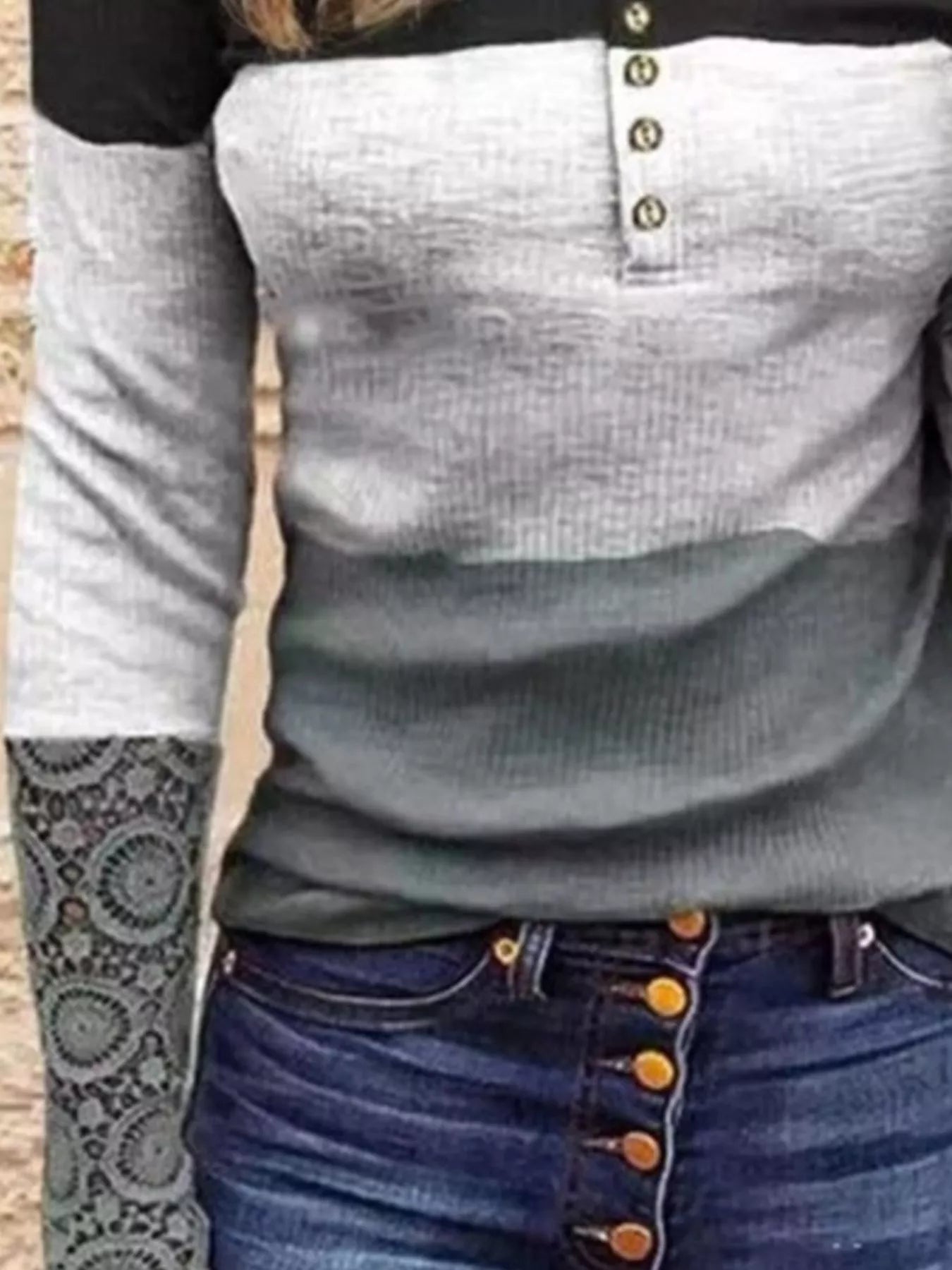Color Block Lace Detail Half Button T-Shirt 