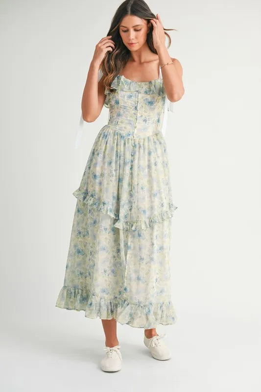 MABLE Floral Printed Shoulder Strap Midi Dress 
