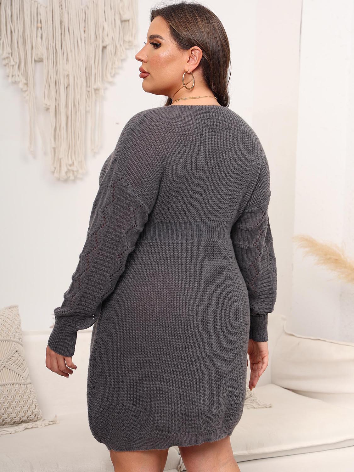 Plus Size Dropped Shoulder Long Sleeve Knit Mini Dress 
