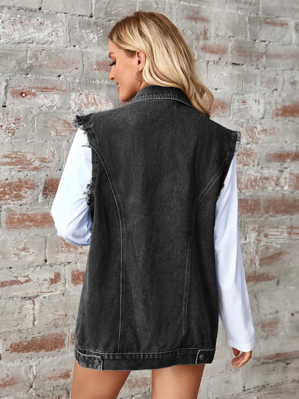 Raw Hem Sleeveless Button Up Denim Jacket 