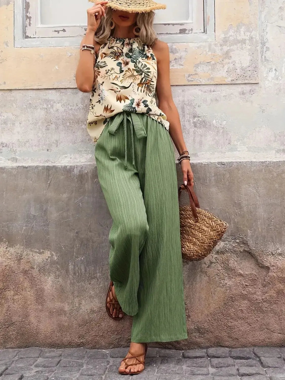 Printed Tank Top and Wide Leg Pants Set 