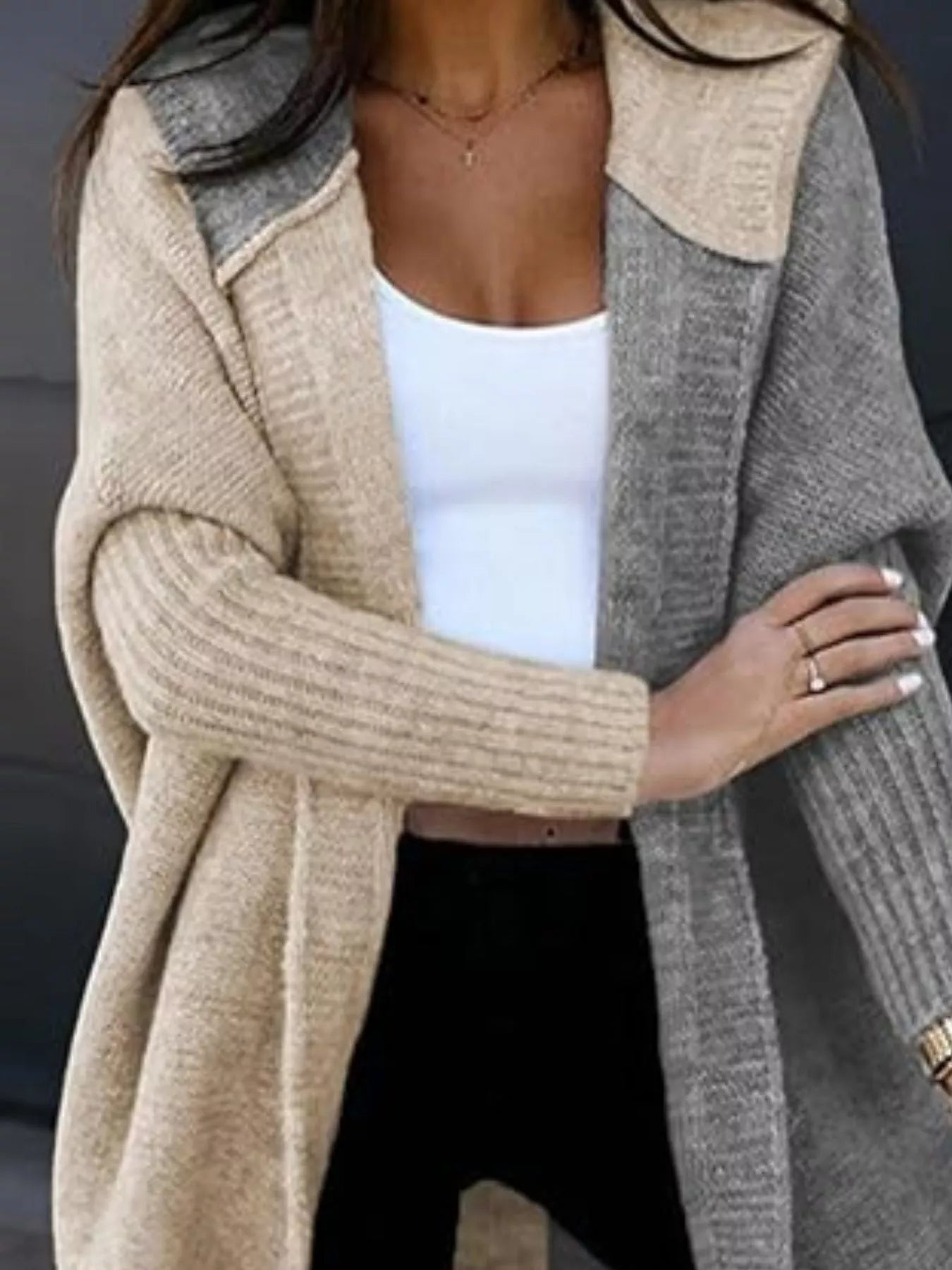 Two-Tone Open Front Knit Hooded Cardigan 