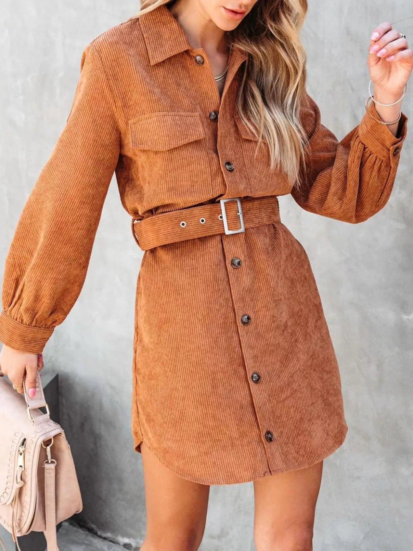Button Front Belt Long Sleeve Corduroy Dress 