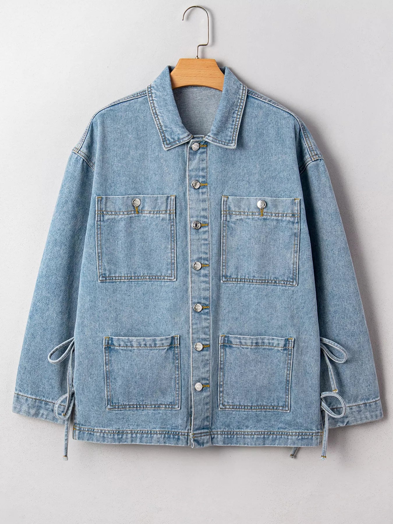 Patched Pockets Side Tie Denim Jacket 