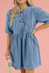 Bowknot Round Neck Half Sleeve Denim Dress 