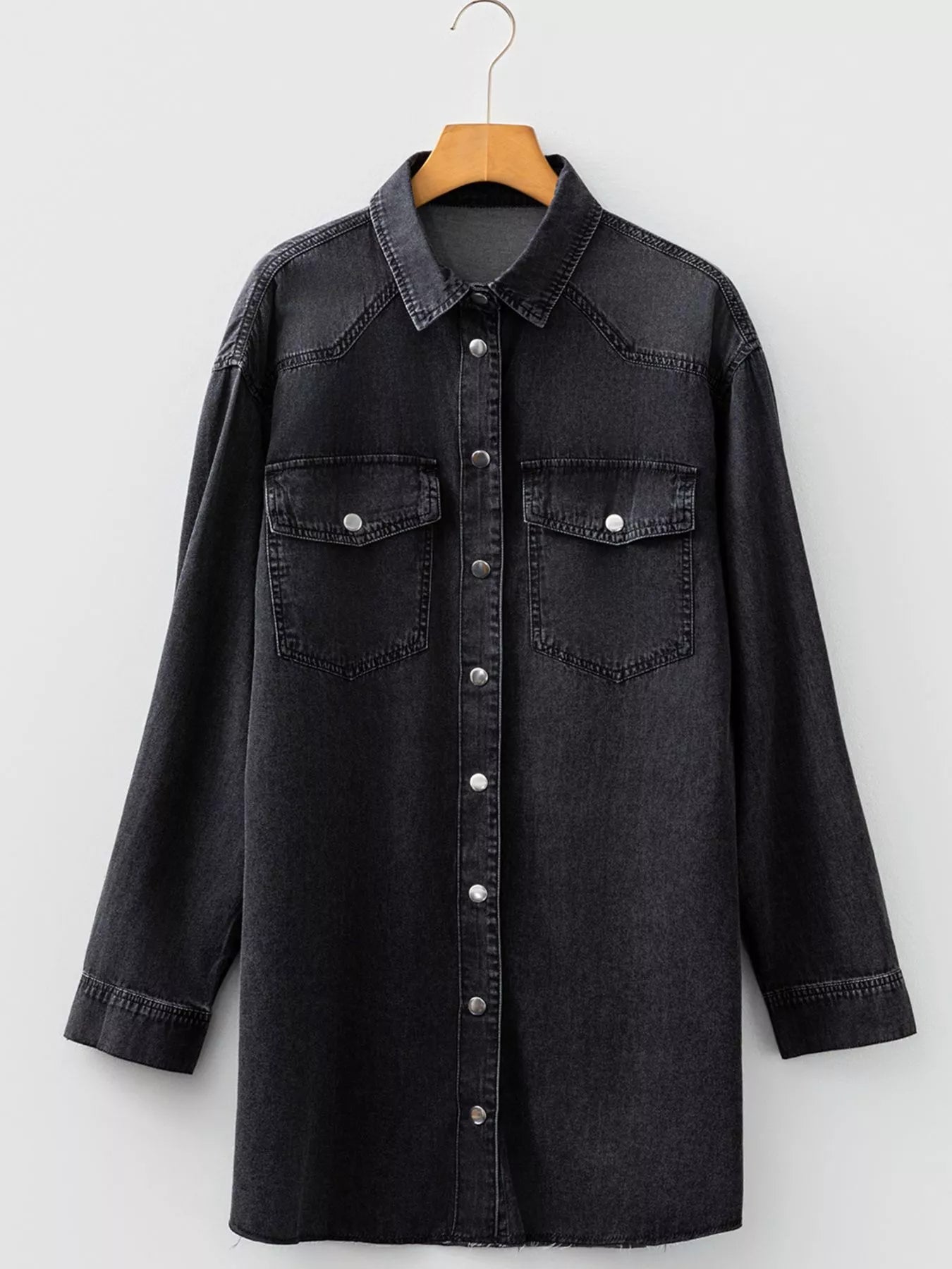 Chest Pocket Raw Hem Denim Loose Shirt Dress 